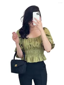 Camisetas femininas verde fino ajuste cintura elástica camisa cetim quadrado pescoço manga bolha meados versátil curto topo ropa de mujer