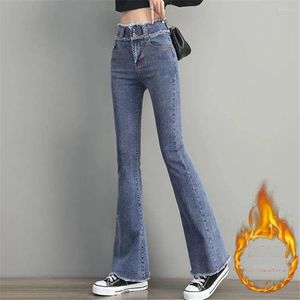 Calças de brim femininas inverno magro casual coreano queimado denim calças mulheres moda alta rua y2k chique vintage quente mais veludo calça azul