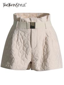 Twotyle shorts de inverno para mulheres altas cintura de retalhos bolso minimalista de retalhos de retalhos de cordão casual calças curtas fêmeas 240321