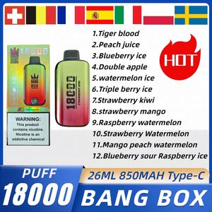 Оригинальная коробка для взрыва 18000 Puffs Одноразовые вейп-ручка Puff 18k Vape Bangbar 26 мл предварительно заполненные патроны 850 мАч 0% 2% 3% 5% E Сигарета Type-C против Vapme Shisha 15K