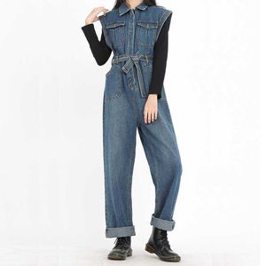 Denim geral perna reta jeans de comprimento total de alta qualidade e elegante sem mangas macacão feminino com alças