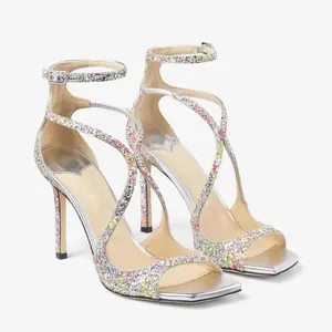 Dress Shoes Design Women Cross Strappy Sandals Rhinestone Shiny Summer Zapatos Para Mujere Open Toe High Heels Pumps Belt Buckle