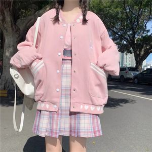 Doce amor impresso jaqueta de beisebol feminino outono inverno estilo mais veludo acolchoado rosa cardigan botão acima feminino 240319
