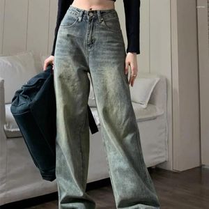 Jeans da donna Pantaloni in denim a gamba larga a vita alta invecchiati retrò affascinanti con tasche con chiusura a bottone con cerniera morbide per il pavimento