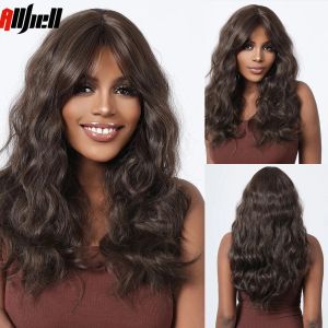 Peruker mörkbrun lång lockig fluffig vågig syntetiska peruker med lugg dagliga naturliga hårstrån för svarta kvinnor cosplay hög temperatur peruk