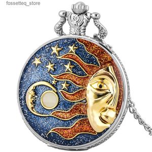 Relógios de bolso Art Half Face Sun Moon Stars Blue Starry Display Quartz Colar Bolso Vintage Elegante Pingente Cadeia Relógio Homens Mulheres L240322