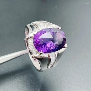 Cluster-Ringe, reiner Amethyst, 925er Silber, Ring für Männer, 10 mm, 14 mm, 6 Karat VVS, natürlich, 3 Schichten, 18 Karat vergoldet, Kristallschmuck