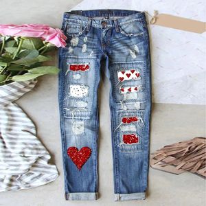 I plus size jeans för kvinnor denim valentines dag jeans tryckt hål förtjockade byxor vintage jeans för kvinnor tonåring flicka 240320