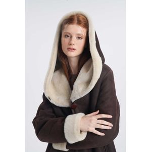 女性は本物の革のジャケットブラウンカラー％100オーストラリアのシープスキンココアディレットシャーリングロングコートファー