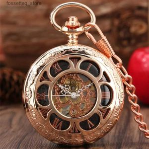 Pocket Watches Rose Gold Hollow Flower Roman Numerals Display Mechanical Pocket Exquisite Luxury Pendant Hand-winding Clock with Chain L240322
