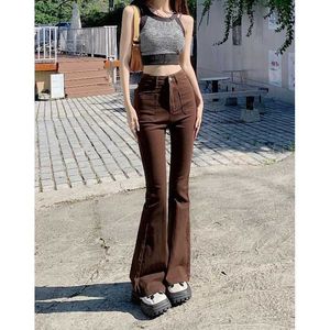 American Brown High midja jeans för kvinnor i början av hösten 2024 New Spicy Girl Small and Popular Street Micro Flare Pants Trendy