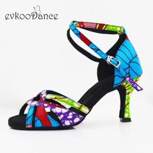 Boots Evkoodance Zapatos de Baile Blue African Style Satin Dance Shoes 7cm Latin Ballroom Salsa Dancing Shoes for Women and Girls