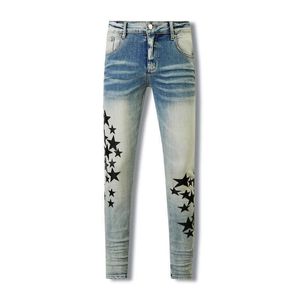 American style high street distressed patchwork leather star live streaming internet celebrity jeans