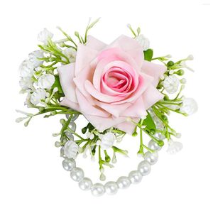 Decorative Flowers Silk Cloth Girl Pearl Bracelet For Wedding Romantic Wrist Flower Women Bridesmaids Corsage Prom Gift Artificial Bride