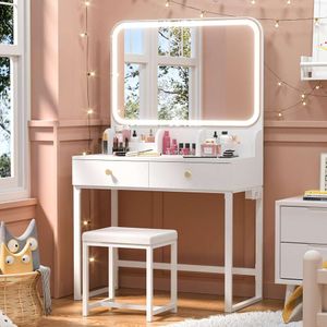 Kenjinn White Mirror Lighting, małe z szufladami, krzesłami i gniazdkami zasilaczowymi, zestaw toaletowy LED odpowiedni dla dziewcząt, sypialnie, przestrzeń do przechowywania, 32 cale szerokości