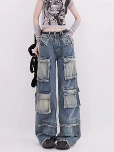 Kadın Kotları Çoklu Cep Tasarlayın Gevşek Pantolon Amerikan Vintage Nötr Stil Patchwork Kadın Düz Denim Pantolon