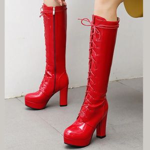 Stiefel Mode Frauen hohe Kniestiefel Plattform Winterschuhe sexy Schnürung rot weiß schwarze Heels Party Schuhe Mädchen Stiefel große Größe 48