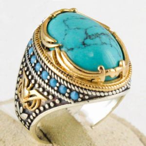 Böhmische große ovale Steinringe aus 14 Karat Gold für Damen und Herren, Vintage-Stil, zweifarbig, blaue Perlen, grüner Stein, Fingerringe, Party-Schmuck