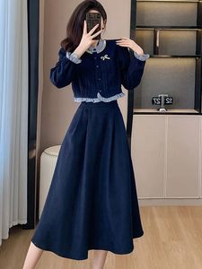 Moda outono duas peças conjunto coreano feminino vintage babados malha emenda camisa superior aline midi saias roupas elegantes 240319