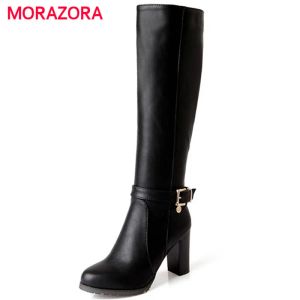 Botas Morazora Hot Sale Hot Sale Moda Soft PU Leather Saltos Altos Joelho Boots High Boats Mulheres botas de motocicleta Sapatos de inverno de outono