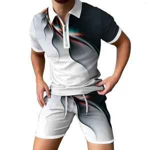 Men's Tracksuits Men Printed Summer Top&Short Suit 2pc Zipper Lapel Short Sleeve Houndstooth Printes Shirt Fashion Casual Sports Pant