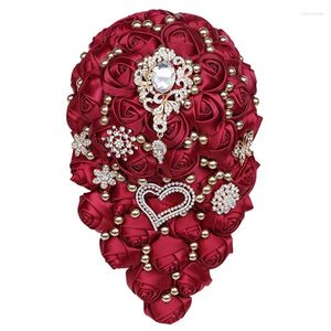 Fiori decorativi fatti a mano 18 cm lussuoso bouquet da sposa rosa di seta cristalli lucenti a forma di goccia d'acqua