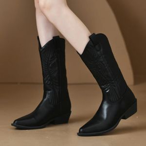 Boots Black Chunky Heel Mid Calf Riding Boots for Women 2023 Winter Female Shoes Women's Pionted Toe Boots Fashion Ladies Cowboy Boots