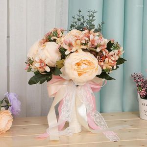 Bröllopsblommor Hongfuyu konstgjorda brudbuketter i lager Rhinestone Rose Supplies Bride Engagement Holding