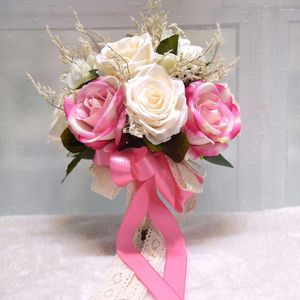 Decorative Flowers Brides Bouquet Wedding Look Handcrafted Silk High Adaptability Artificial White Coffee Pink