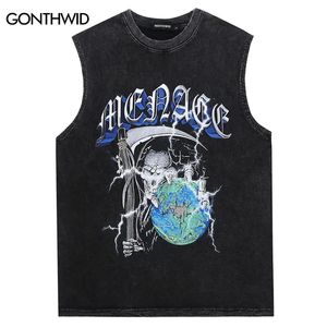 Hip hop men tank top y2k vintage grim reaper crânio esqueleto impressão gráfica sem mangas camiseta harajuku verão punk lavado colete 240321