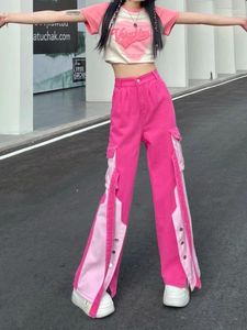 Women's Pants Pink Patchwork Cargo Women Harajuku High Waist Wide Leg Trouser Female Y2k Design Pocket Straight Streetwear 2024 Goth