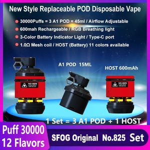 SFOG Original Puff 30000 Vape descartável no825 30000 Puff Vaper Substituível Vapes Vapes E Kit de cigarro 45ml e-líquido 12 sabores caneta de vapor vs soprar 20000 20k Puff 15000