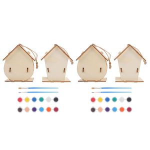 Cages Bird Birdhouse House Wooden Kit Diy Woodkidshanging Painting Unfinished Kits Crafthouses Birdhouses Making Craftstoys