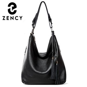 Zency mode kvinnor axelväska 100 äkta läder dagligen casual shopping hobos klassisk svart tote handväska crossbody väskor 240305