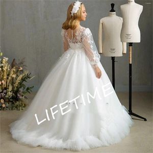 Mädchenkleider, elegant, U-Ausschnitt, transparent, langärmelig, für Hochzeit, Party, formelle Anlässe, Spitzen-Blumenkleid