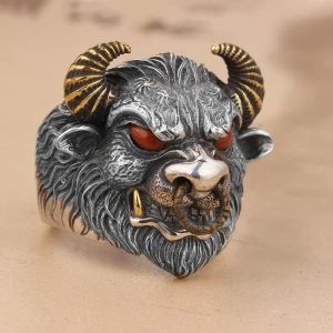 Vintage Bull Devil 14K Black Gold Rings for Men Women Chinese Mythical Animal Ring Hip Hop Rock Jewelry Gift Resizable