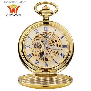 Pocket Watches Luxury Golden Mechanical Pocket for Men Skeleton Hand Wind Fob with Chains Antique Pendant Clocks Weeding Gifts L240322