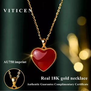 Viticen Real 18K Gold Necklace For Women AU750 Natural Red Agate Heart Shape Pendant Valentines Day Gift Original Fine Jewelry 240311