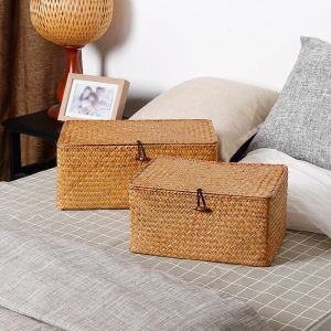 Baskets Wicker Basket Natural Handmade Woven Storage Box with Lid Seagrass Storage Basket Sundries Organizer Laundry Baskets Home Decor