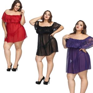 Sexy Lace Plus Size Fat Sister Pajama Skirt Perspective Temptation Hollow One Shoulder Fun Pajamas 377859