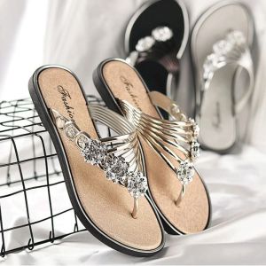 Flops Women Flip Flops Fashion Summer Slippers Peep Toe Silver Anti Skid Beach Sandals Lady Casual Golden Crystal Summer Home Sandals