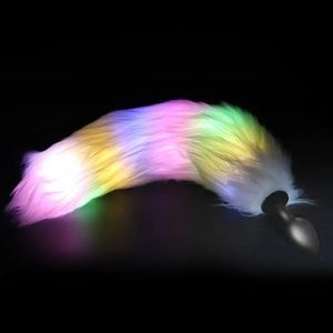 LED Light Anal Butt Plug Silicone Insert Stopper Smooth Anus Adult Sex Toy Game Cosplay com Faux Fox Tail 240312