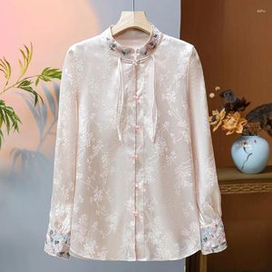 Kvinnors blusar Kinesisk stil förbättrad Hanfu utsökta broderade Jacquard Top Women Retro Stand Collar Långärmad rosa blus Tang Suit