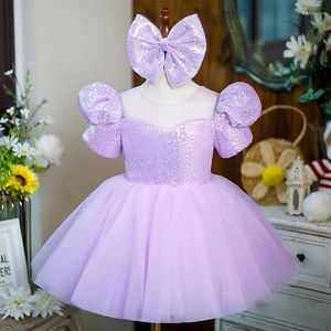 Girl Dresses Purple Sequins Flower Dress For Wedding Shining Puffy Short Sleeves Princess Birthday Party First Communion Ball Gowns