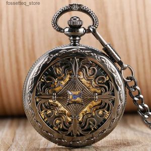 Pocket Watches Vintage Stylish Hollow Black Automatic Mens Pocket Blue Pointer Roman Numerals Dial Self Winding Pendant Pocket Clock L240322