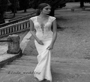 Elegante bellissimo bianco avorio sexy tubino colonna scollo a V applique cappella treno abiti da sposa in raso abiti da sposa9503691