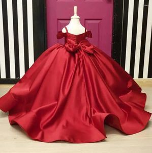 Girl Dresses Red Satin Flower Cute Dress Wedding Party Gown Kid Birthday First Communion Ball