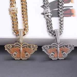 Hip hop colorido borboleta sólida pingente colar 18k banhado a ouro real 5a zircão feminino masculino grande jóias de botão