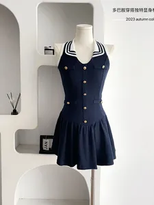 Casual Dresses Elegant Fashion Sexy Polo One-Piece Frocks 2000s Eesthetic Slim Summer Navy A-Line Dress Off Shoulder Streetwear Preppy Style