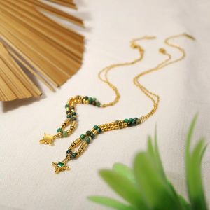 Hänge halsband franska 18k guldpläterad halsband för kvinnor mångsidig titanstål naturligt turkos inlagd zirkon halschain